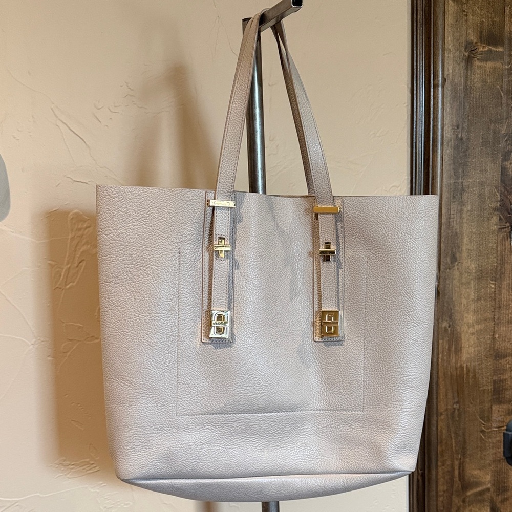 India Hicks Pebbled Leather Tote in Light Taupe with Gold Hardware